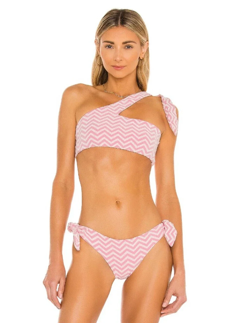 Lovers + Friends Pink/White Sweet Chevron "Shayk" One-Shoulder Tie Bikini Sz XS - Picture 10 of 10
